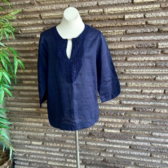Navy Blue 100% Linen Tunic Shirt Embroidered Lace Detail Gold Bar Detail - Picture 2 of 6